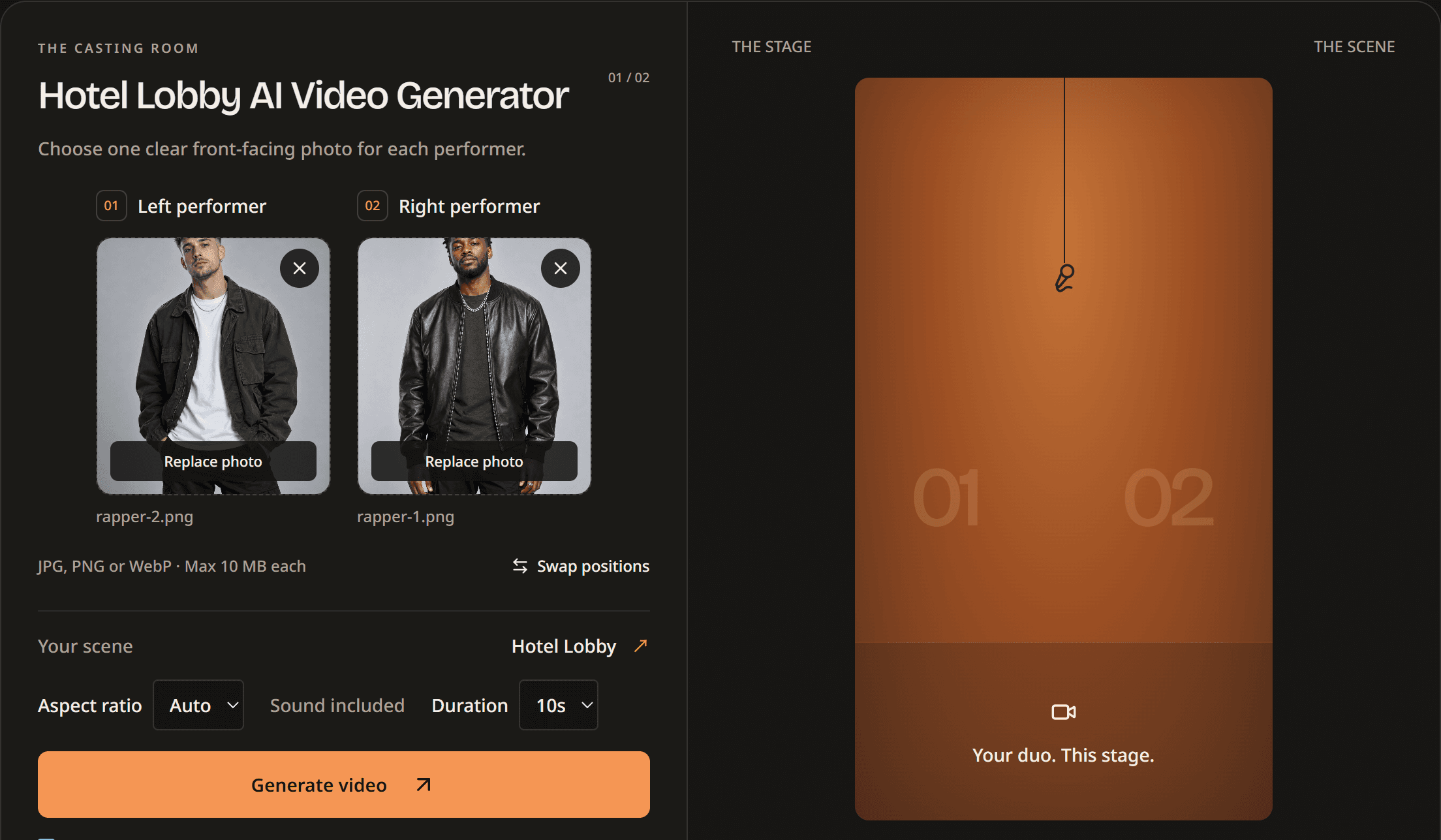 Hot AI Video studio with two performer photo slots, Swap positions, aspect ratio and duration selectors, and the Generate video button